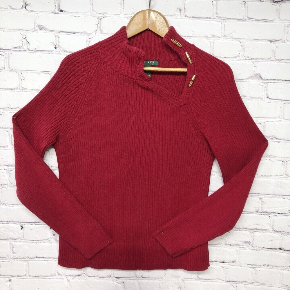 Lauren Ralph Lauren Red Gold Mock Neck Ribbed Cotton Pullover Long Sleeve Sz XL